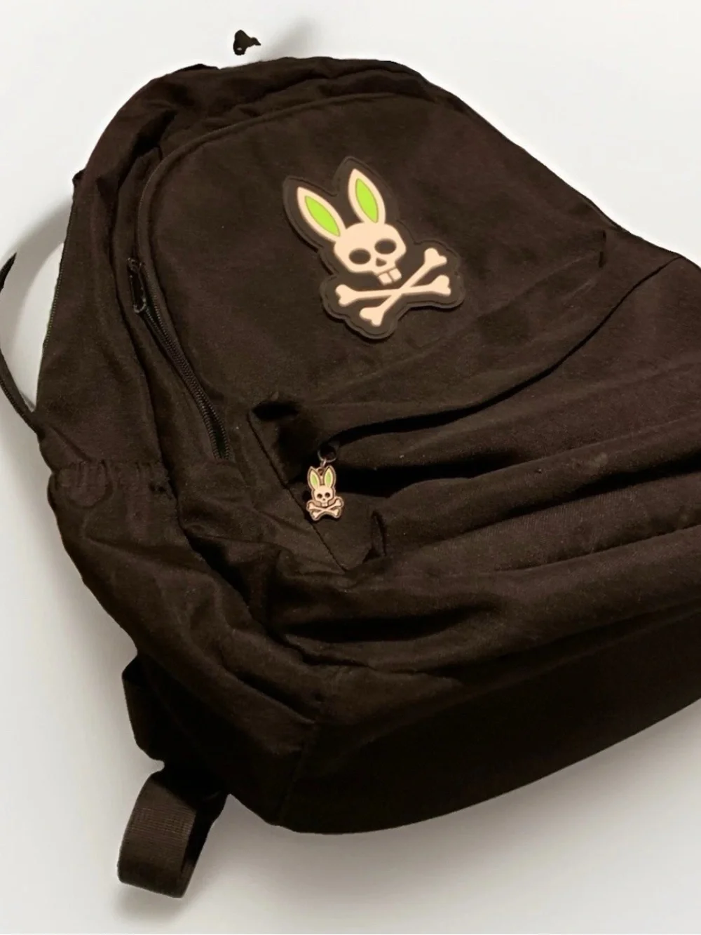Psycho Bunny Black Backpack Green Lined Zip Skull Bunny Logo Padded Strap